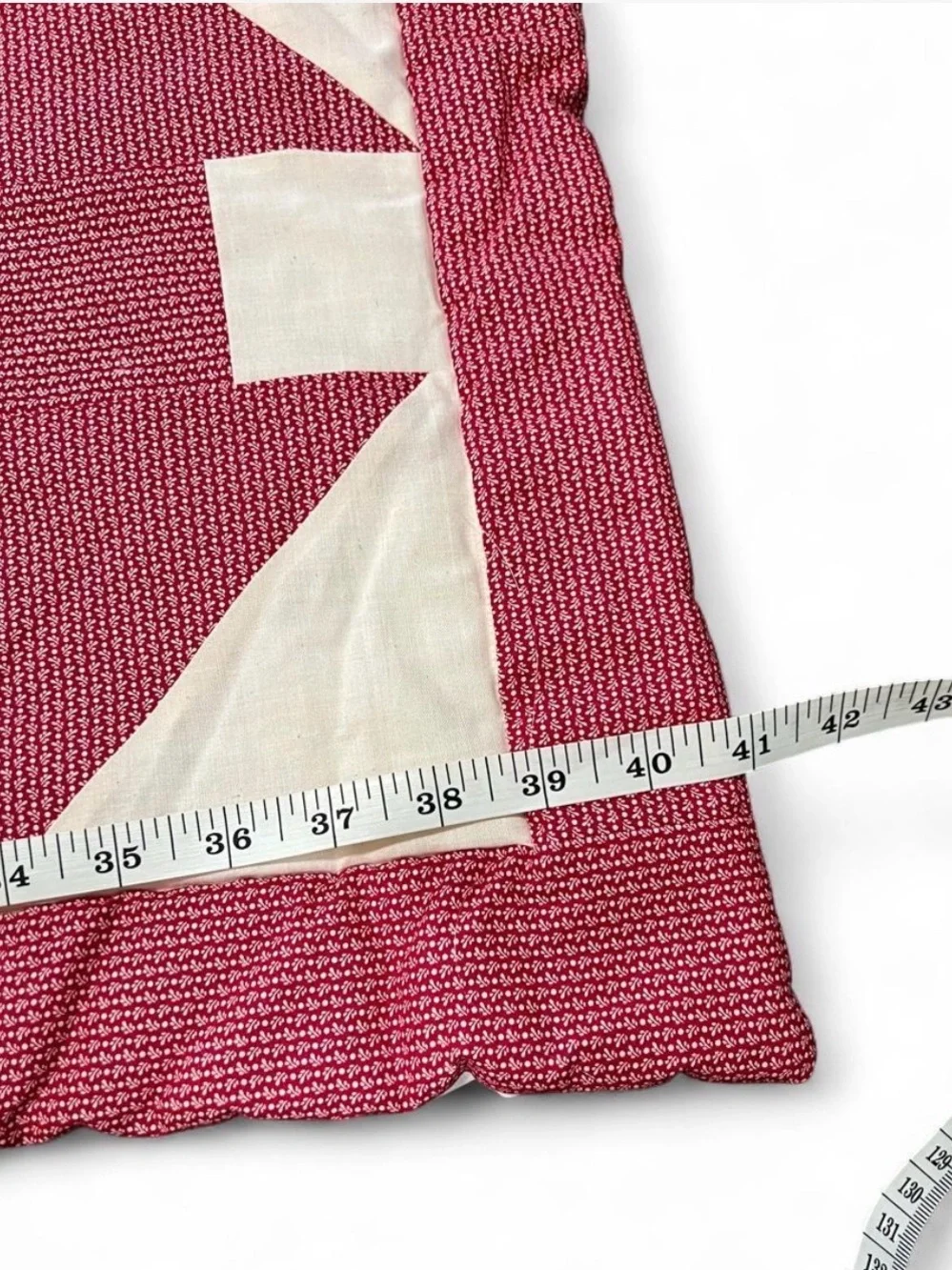 Handmade Machine Sewn White and Deep Red Patchwork Quilt